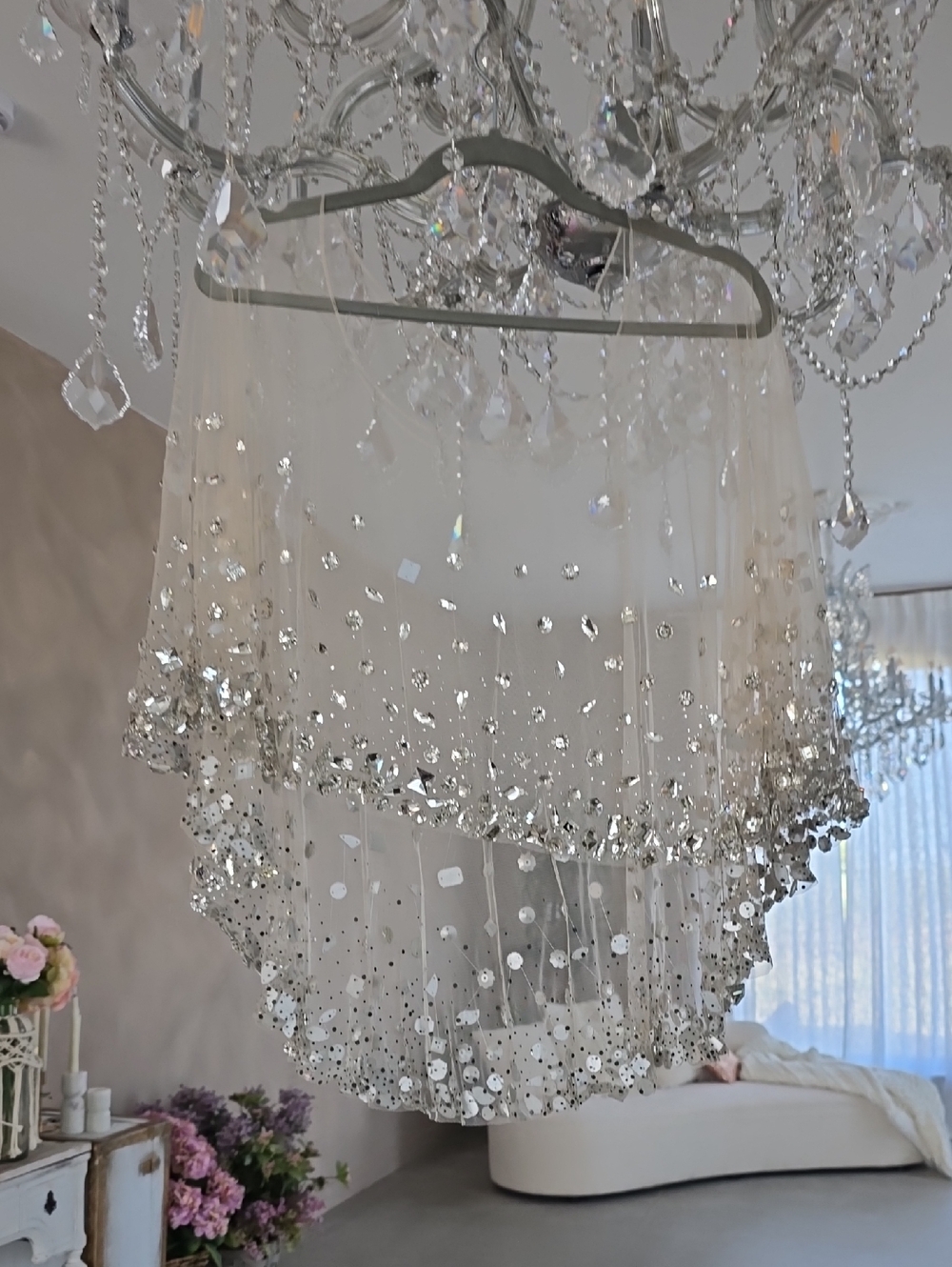 Crystal Sequin Veil Capelet - Silver on Ivory